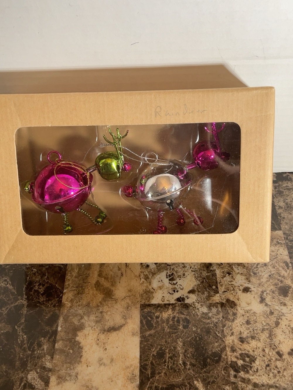 Shiny Pink, Green, and Silver reindeer Hanging Ornaments